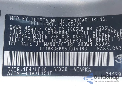 2005 Toyota Avalon Limited from USA, damaged, VIN 4T1BK36B95U044183